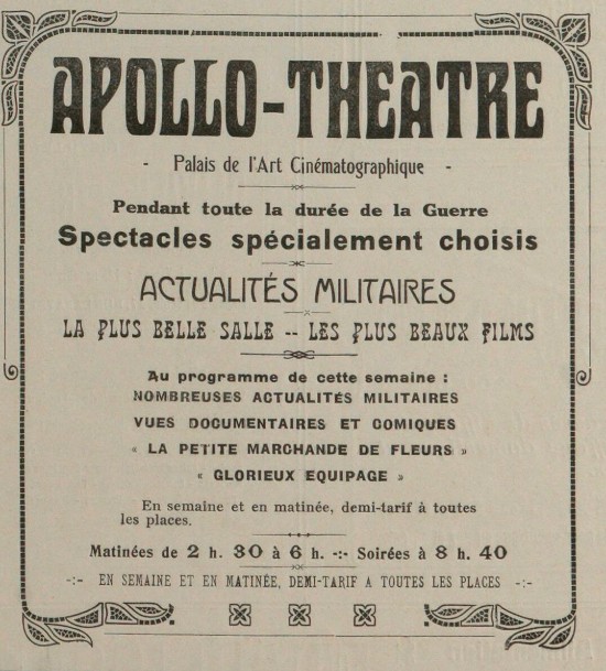 Publicité pour Apollo-Théâtre, dans : L’étincelle, 7 novembre 1915